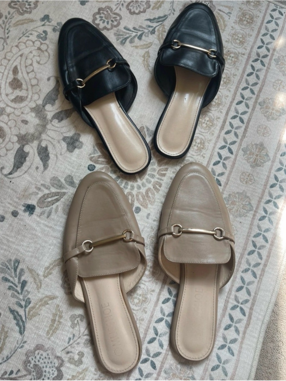 Women’s Leather Slip-On Mules with Gold Bit - Black and Taupe size 11